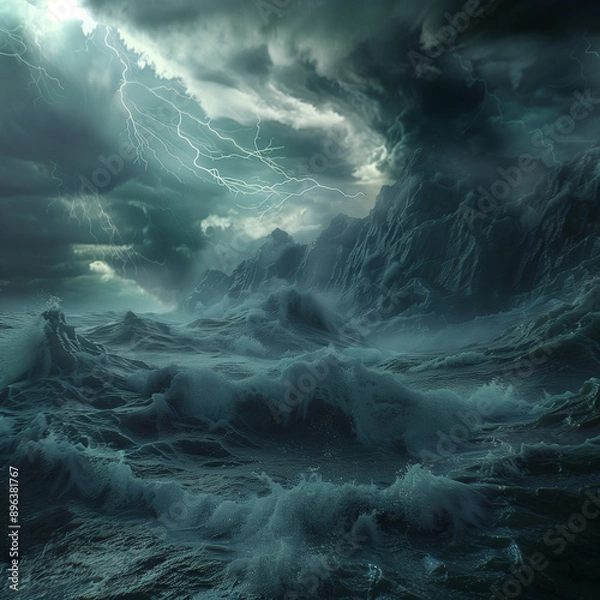 Fototapeta Tempestuous Sea Under a Stormy Sky with Dramatic Lightning and Roiling Waves
