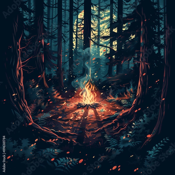 Fototapeta Enchanted Twilight Forest with a Glowing Campfire and Mystical Evening Light