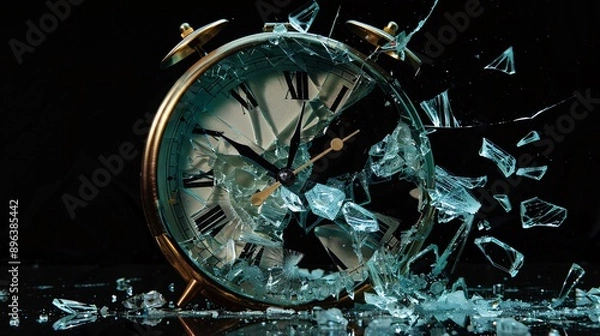 Obraz A shattered alarm clock with its glass face broken and hands scattered, symbolizing a disruption of routine or the end of a deadline, set against a dramatic black background.