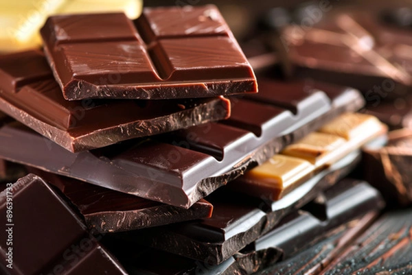 Obraz Stack of dark chocolate texture bars on a black background. Close up, copy space.