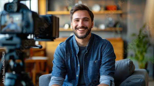 Obraz Smiling Man Being Interviewed on Camera. Cheerful man in a casual shirt sitting for an on-camera interview in a cozy room, giving a sense of approachability and openness.