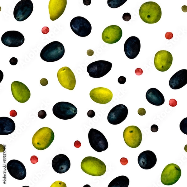 Obraz Olive black, green and peppercorn. Seamless pattern for prints on wallpaper, textiles, scrapbooking for packaging. For kitchen and restaurant design, recipe book. Cottagecore and farmhouse design