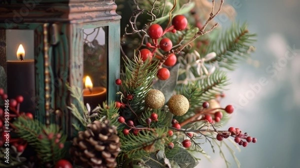 Obraz Holiday arrangement featuring vintage lantern