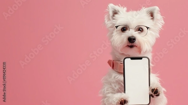 Fototapeta Adorable white dog with glasses holds smartphone with mock-up screen on pink background