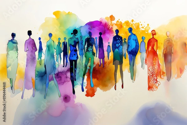 Obraz Abstract silhouettes of people in colorful watercolor style walking. Art illustration with white background. Community and diversity concept for design and print.