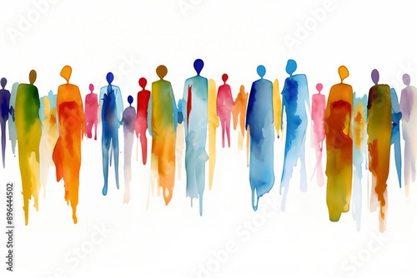 Obraz Abstract silhouettes of people in colorful watercolor style walking. Art illustration with white background. Community and diversity concept for design and print.