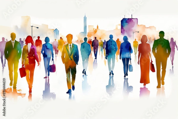 Obraz Abstract silhouettes of people in colorful watercolor style walking. Art illustration with white background. Community and diversity concept for design and print.