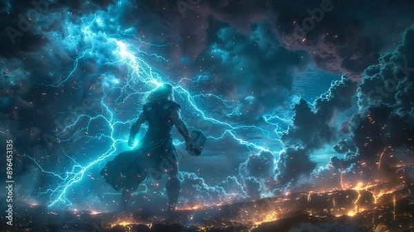 Obraz Ein Wikinger steht auf einem Berg mit einem Blitz im Hintergrund