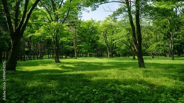 Fototapeta Mizumoto Park scenery with grassland and forest in early summer : Generative AI