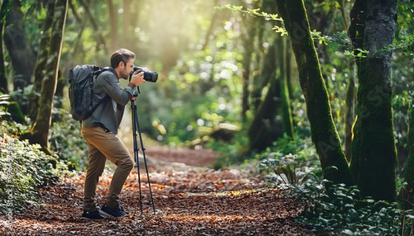 Fototapeta Photographer in a forest capturing wildlife; copy space