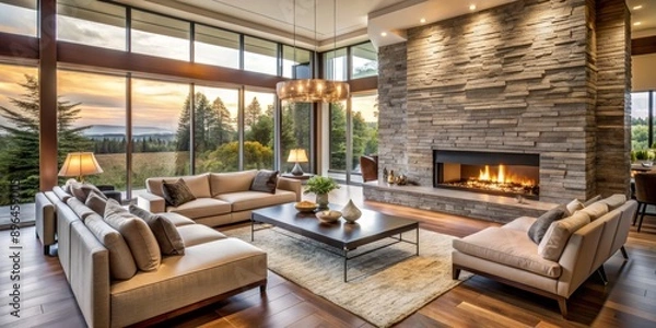 Fototapeta Elegant modern living room features a stunning stone wall, cozy fireplace, sleek furniture, and large windows, creating a luxurious and inviting atmosphere in spacious home.