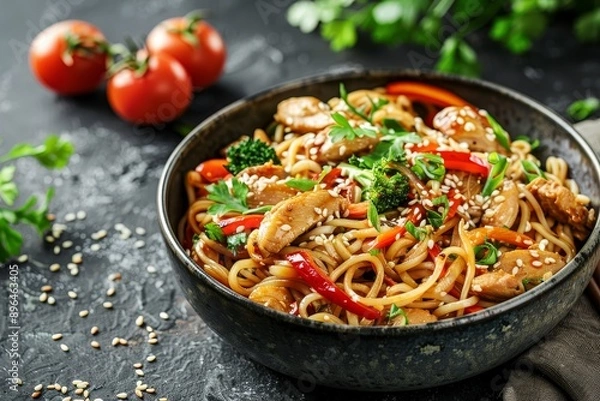 Fototapeta Chicken and sesame udon stir fry in a bowl on a dark stone background