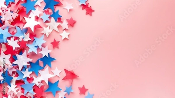 Fototapeta American independence day celebration patriotism and holidays concept  red white and blue paper stars on pink background Vertical photo : Generative AI