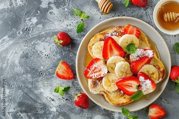 Fototapeta French toast with honey banana and strawberries on a gray background top view with space for text