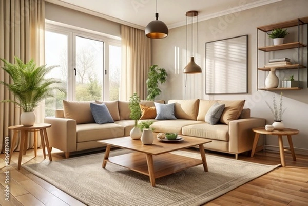 Fototapeta Serene Japandi-inspired living room features a plush beige couch, minimalist coffee table, and sleek modern decor amidst a calming neutral-toned apartment setting.