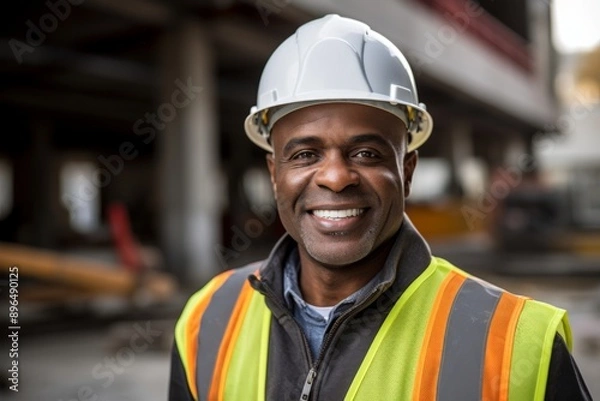 Fototapeta Portrait of a smiling African American mature businessman on construction site