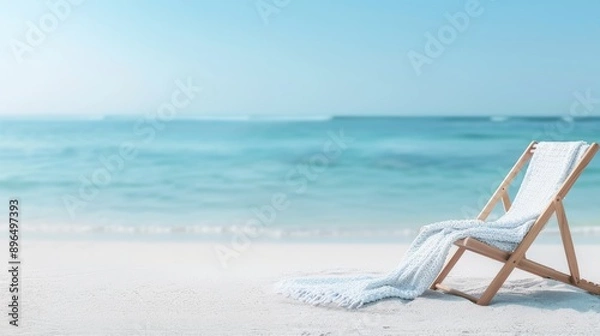 Fototapeta A serene beach scene featuring a wooden chair facing the ocean, perfect for relaxation and enjoyment of nature's beauty.