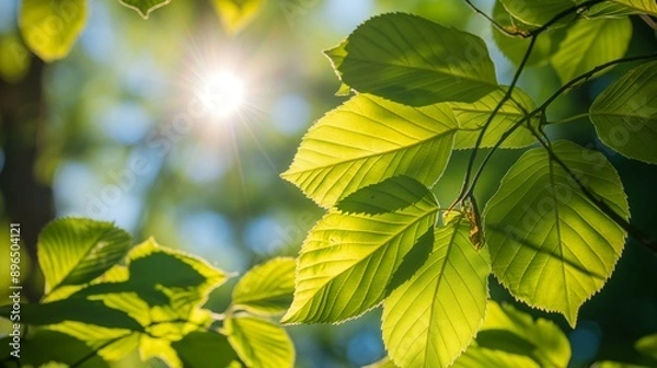 Fototapeta Closeup of green leaves seen from bottom to top under blue sky and summer sun. Green leaves in backlit details.