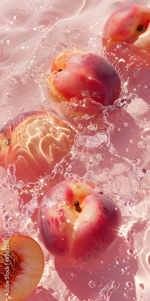Fototapeta Imagine succulent peaches floating in pink water, reflecting light to create a refreshing summer atmosphere. It feels juicy, vibrant, and tropical, evoking a sense of freshness and vitality