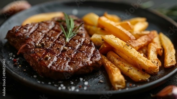 Obraz Grilled steak with fries on a black plate