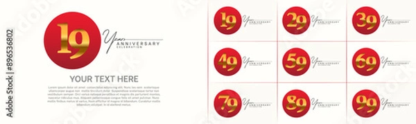 Fototapeta anniversary logotype set vector, red color circle and golden number for special day celebration