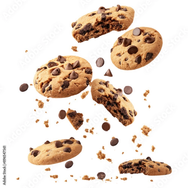 Fototapeta Flying pile cake crumbs chocolate chip cookies isolated on transparent white background, clipping path