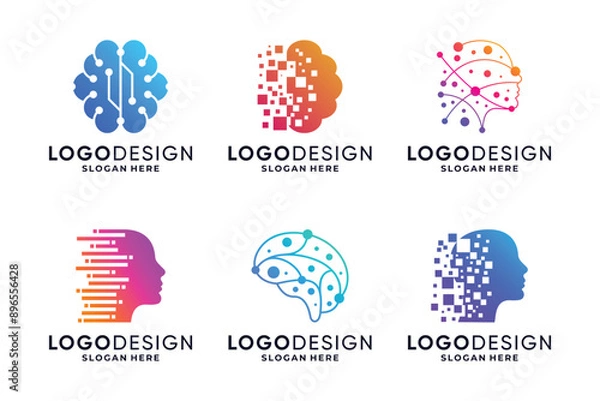 Fototapeta Brain tech logo, artificial intelligence logo design collection