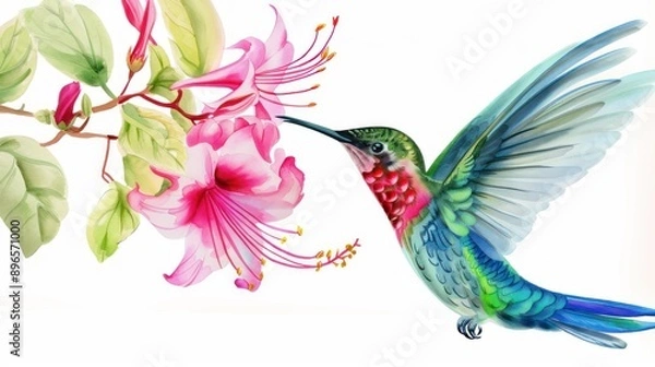 Fototapeta small bird hummingbird on a background of pink flowers and green leaves