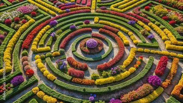 Fototapeta Colorful floral labyrinth made of flowers and shrubs, intricate pattern from aerial view, floral, labyrinth, flowers, shrubs
