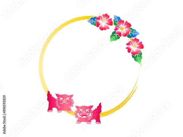 Obraz 沖縄の伝統、紅型のハイビスカスとシーサーのフレーム