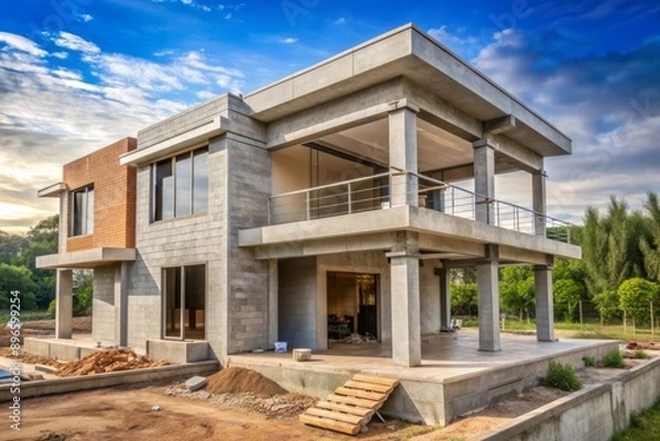 Fototapeta Under construction House or Villas Villas with Concreate Block or bricks Exterior view of 02 story under construction house with modern design : Generative AI