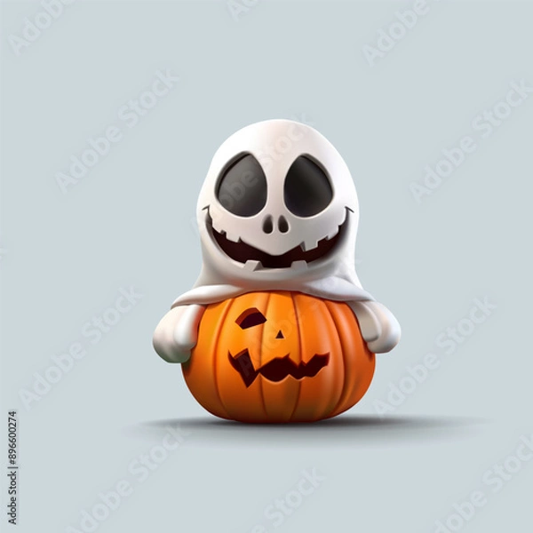 Fototapeta A monster is smiling sitting on a pumpkin that has scrunched up, 3D. Emotional facial expression. For creative Halloween advertising concepts. Vector illustration.