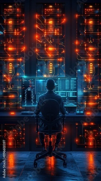 Fototapeta A focused technician analyzes data amidst glowing servers in a high-tech data center, showcasing modern technology and cybersecurity.