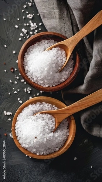 Fototapeta Two wooden bowls filled with coarse sea salt, surrounded by scattered salt crystals, on a dark textured surface.