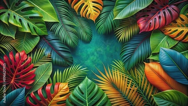 Fototapeta Tropical leaves background with vibrant colors and exotic foliage, summer, tropical, leaves, background, exotic, trendy, lush