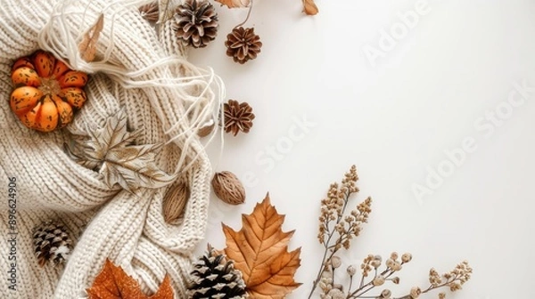 Fototapeta Handmade fall decor with cozy vibes on white background
