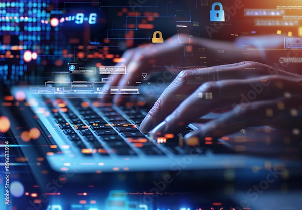 Fototapeta Hands Typing on Laptop with Futuristic Digital Interface and Cybersecurity Icons