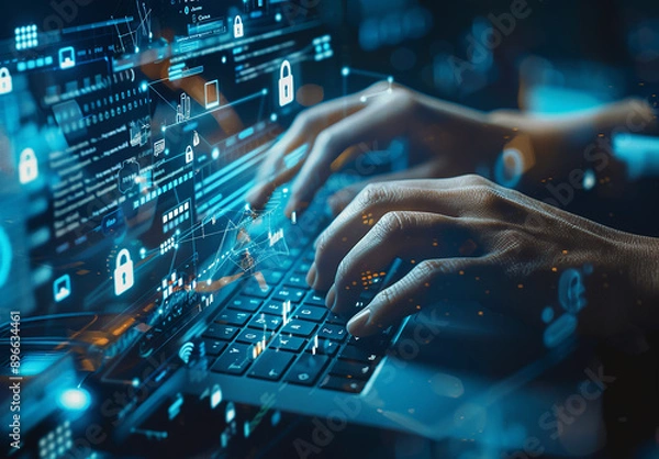 Fototapeta Hands Typing on Laptop with Futuristic Digital Interface and Cybersecurity Icons
