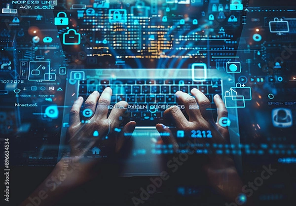 Fototapeta Hands Typing on Laptop with Futuristic Digital Interface and Cybersecurity Icons