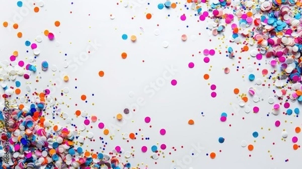 Fototapeta Bright confetti frame on white background viewed from top Area for text