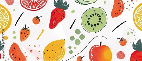Obraz Colorful hand-drawn fruit pattern with strawberries, kiwis, lemons, and other fruits on a white background. Perfect for food-related designs.