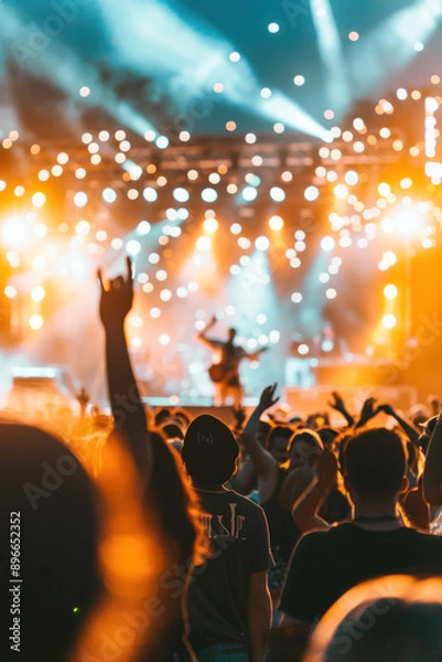 Fototapeta A music festival with a brightly lit stage. AI generative.