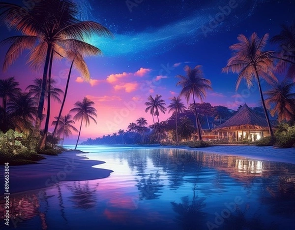 Fototapeta 夕暮れグラデーションが綺麗な南国ビーチ