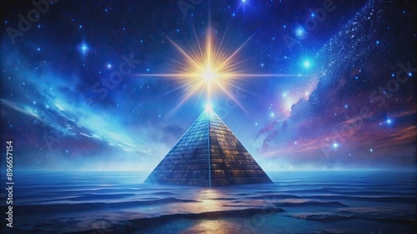 Fototapeta Mysterious pyramid with glowing star in the background, mysterious, pyramid, ancient, mystical, majestic, celestial