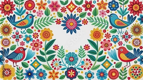 Fototapeta Colorful Scandinavian folk art pattern with vibrant flowers and birds, Scandinavian, folk art, colorful, pattern, flowers