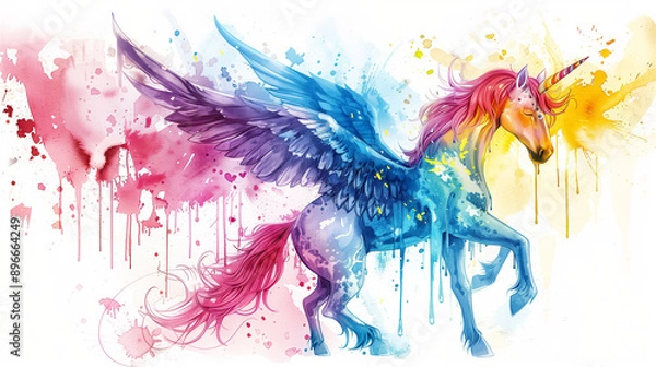 Fototapeta a unicorn with blue wings, and colorful feathery mane, in the style of watercolor illustrations, light violet and light red, dark pink and yellow, dripping paint, full body, angura kei, bright 