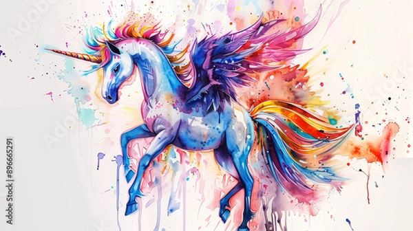 Fototapeta a unicorn with blue wings, and colorful feathery mane, in the style of watercolor illustrations, light violet and light red, dark pink and yellow, dripping paint, full body, angura kei, bright 