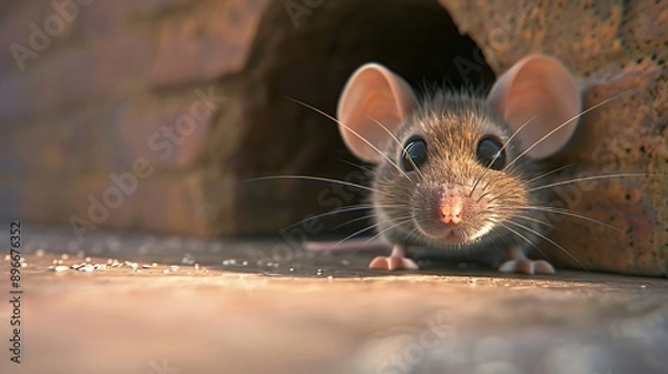 Fototapeta A charming 3D clipart of a mouse peeking out of a hole