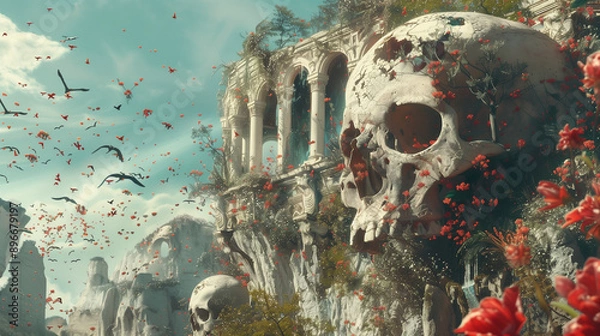 Fototapeta a beautiful poster that advertises fantasia simal, in the style of fantastical compositions, realistic, detailed rendering, vanitas, monumental scale, scattered com 