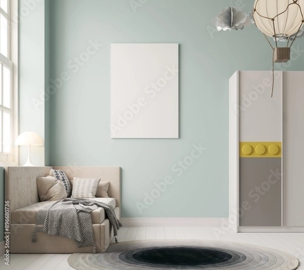 Fototapeta Mock up poster in children bedroom interior background, scandinavian style, 3D render